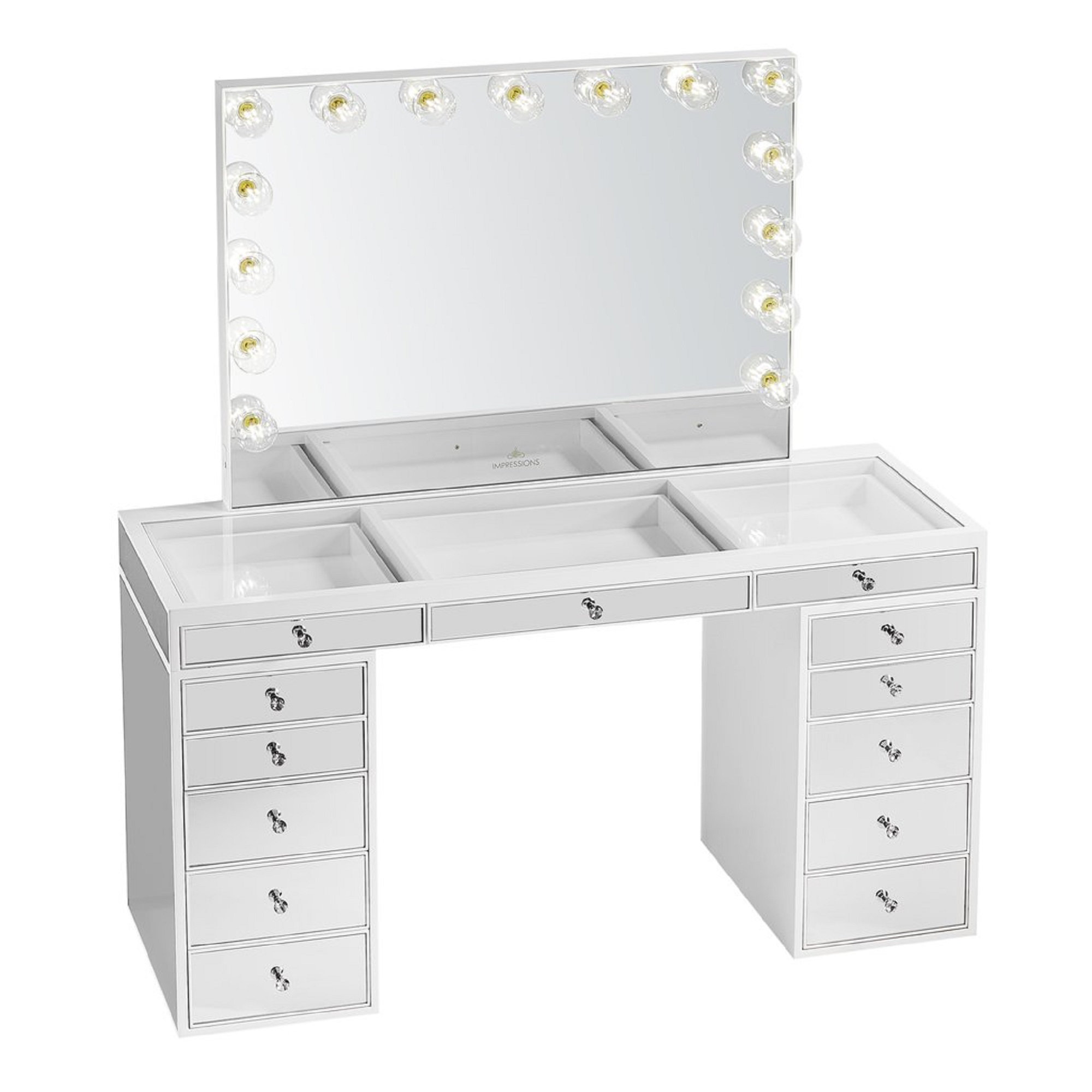 IMPRESSIONS VANITY COMPANY SlayStation Pro Premium Mirrored Vanity Table with Double Decker Drawers and Clear Glass Top Wayfair